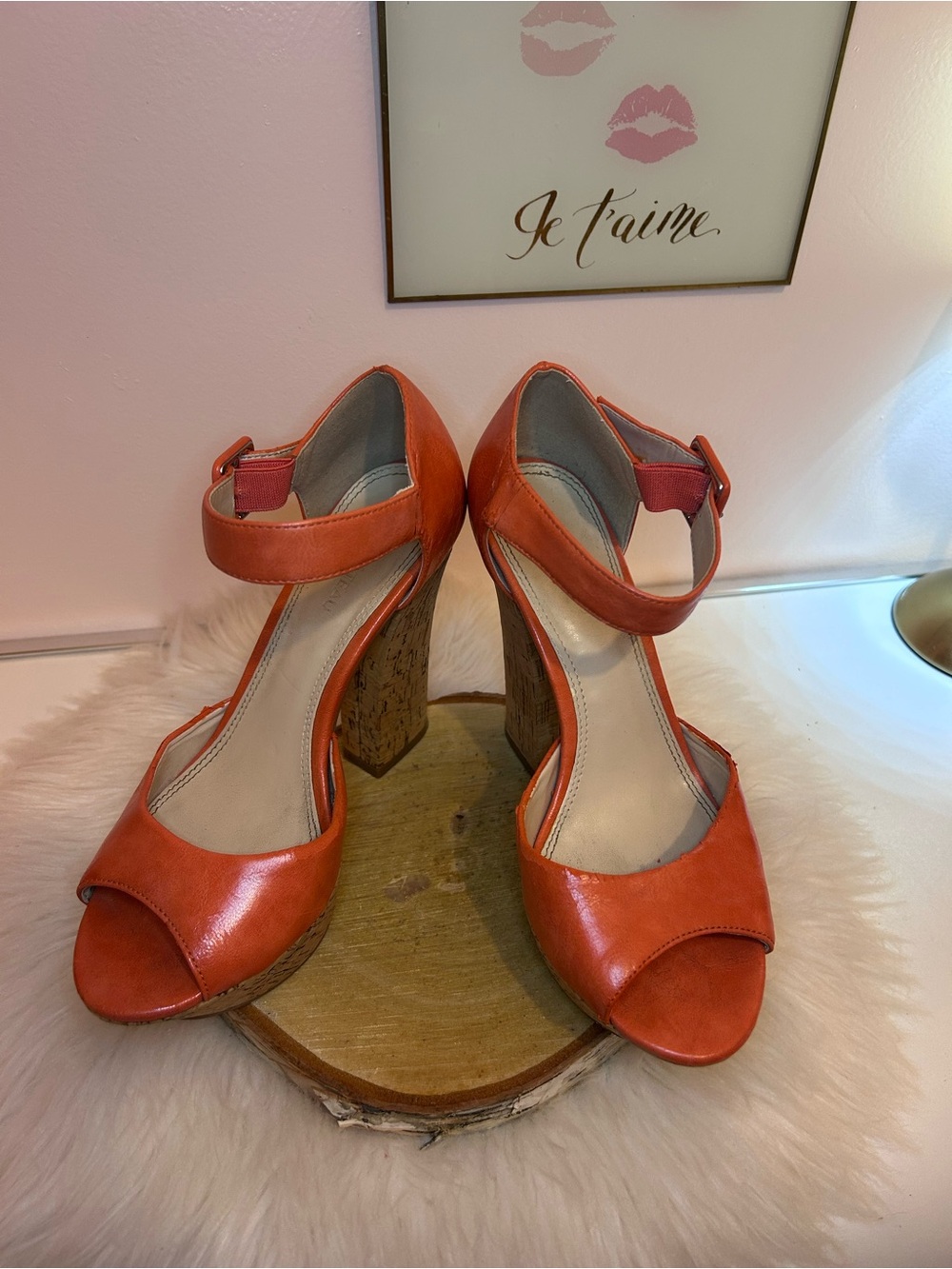 Le Château Orange Cork Block Heel Sandals 5” heel